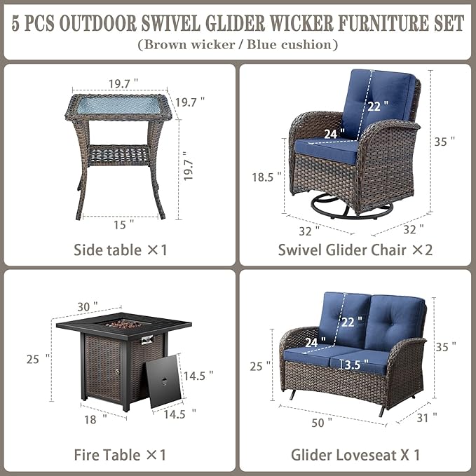 Belord 5 Pieces Patio Furniture Set with 30” Propane Fire Pit Table, Deep Seating Swivel Rocker Glider Outdoor Chairs Set of 4 with Side Table Set of 2 Patio Conversation Set Brown Wicker