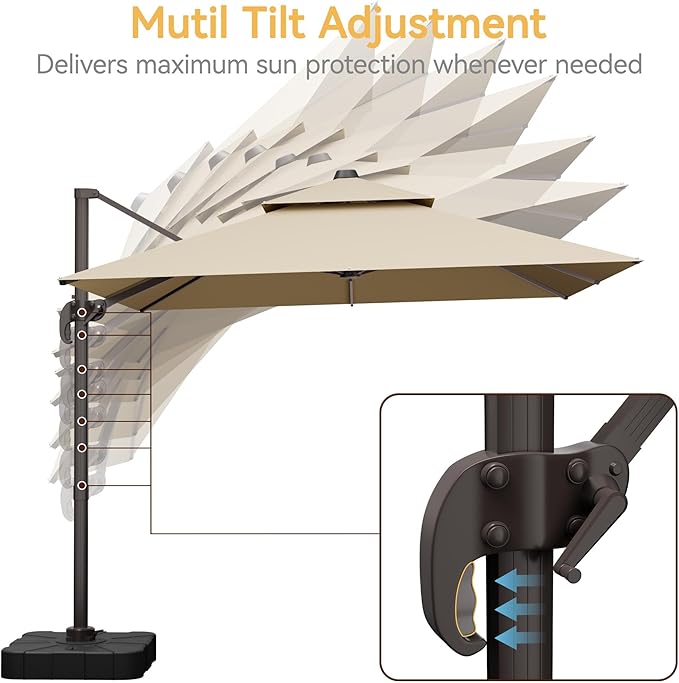 9x12 FT Patio Umbrella with base, Large Cantilever Rectangular Double Top Heavy Duty Offset Umbrellas with 360° Rotation, Outdoor shade for Garden Deck Pool, Beige