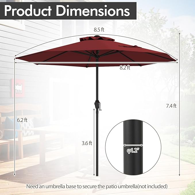 Tangkula 8.5 FT Patio Umbrella, Double-Tier Outdoor Umbrella with Crank Handle, 8 Sturdy Ribs, Sun-Protective Canopy for Market Table Pool Deck Garden Backyard (Wine)