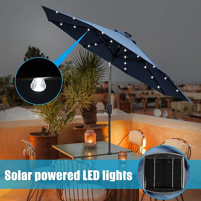 HERMOCE 9FT Solar Umbrella 32 LED Patio Umbrellas with Tilt and Crank,Table Market Outdoor Umbrella for Garden,8 Ribs