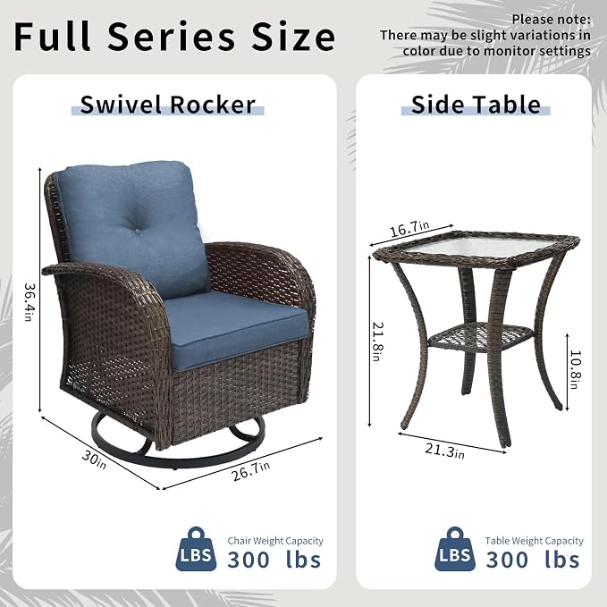 Outdoor Swivel Rocker Patio Chairs 3 Pieces，Swivel Patio Chairs with Cushions，Outdoor Swivel Rocking Chairs Set of 2 with Rattan Side Table，Patio Furniture Set for Outside Porch Deck