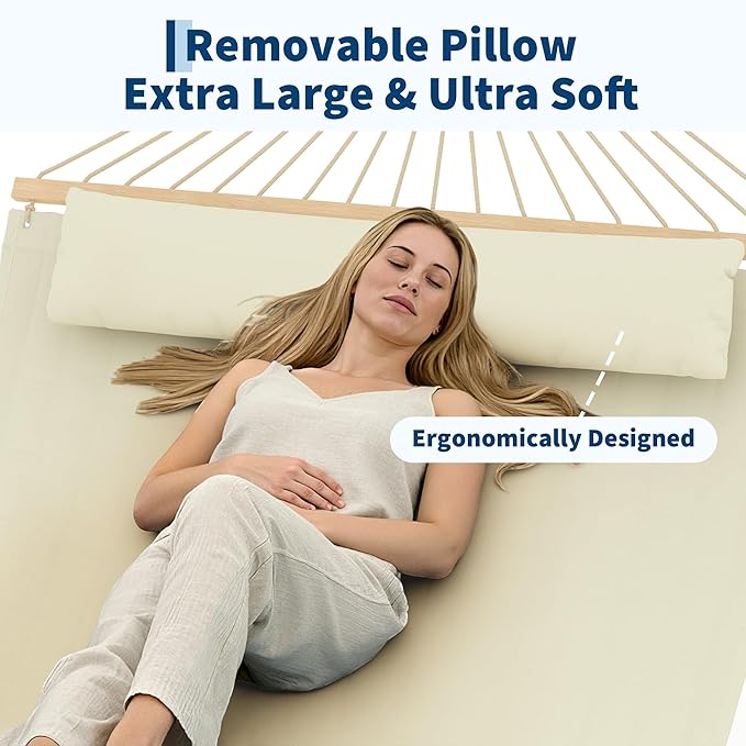 Garvee Double Quilted Fabric Hammock with Hardwood Spreader Bars and Pillow 450 LBS Capacity 2 Person Large Hammock for Outdoor Patio Backyard Poolside（Beige）