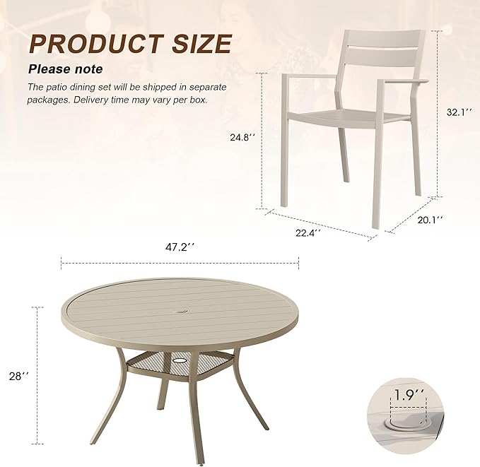 VICLLAX 7 Pieces Patio Outdoor Dining Set,Wrought Iron Metal Outdoor Table and Chairs Set,47" Round Table with Umbrella Hole and 6 Stackable Chairs for Lawn,Garden,Porch, Sandshell
