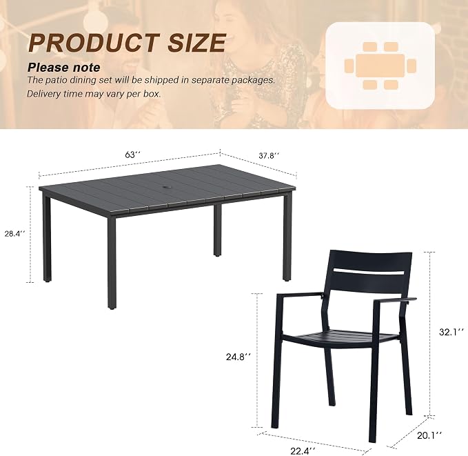 VICLLAX Patio 7 Pieces Outdoor Dining Set for 6, 63" Rectangular Metal Dining Table with Umbrella Hole, 6 Stackable Chairs for Lawn, Garden, Porch, Black