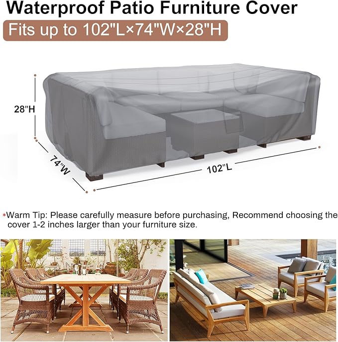 Mrrihand Heavy Duty Patio Furniture Covers, Outdoor Furniture Covers Waterproof Sectional Sofa Set , Patio Table and Chair Set Cover 102"L×74"W×28"H,Grey