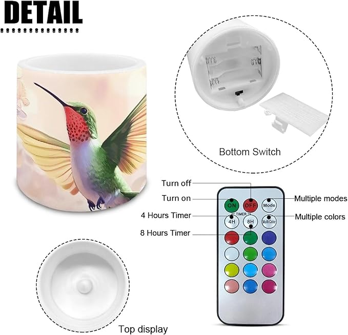 Vintage Flower Hummingbird 3 inch Flameless LED Candles with Remote Timer Set of 4 Home Decorative Realistic Flickering Flameless Candles with Battery Operated