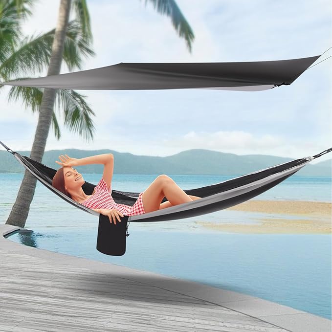 Camping Hammock, Portable Camping Hammock Double Tree Hammock Outdoor Indoor Backpacking Travel & Survival, with 2 Tree Straps and Attached Carry Bag (Black and Grey)