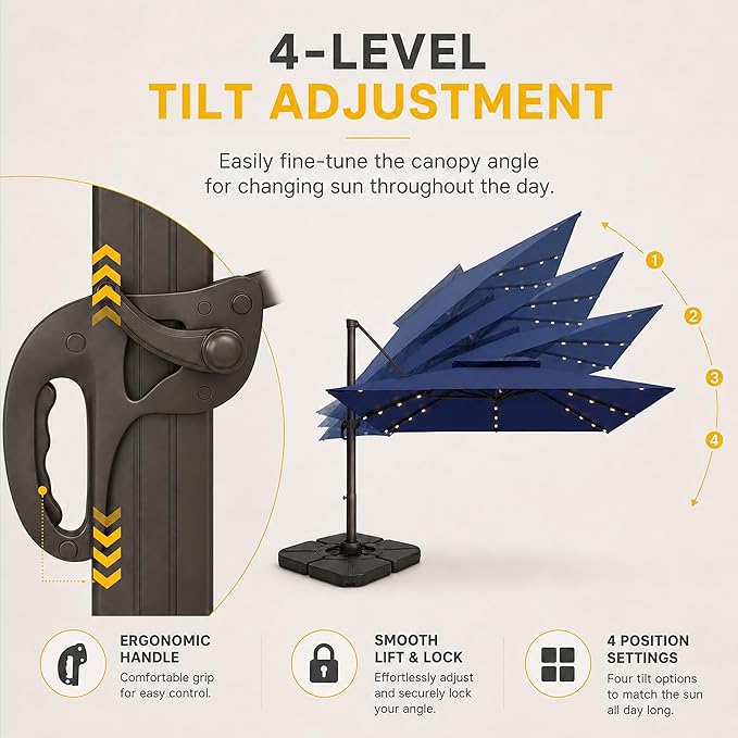 10FT Cantilever Patio Umbrella with Solar Lights, Large Outdoor 2 Tier Aluminum Offset Square Umbrellas 360 Degree Rotation for Garden Deck Pool