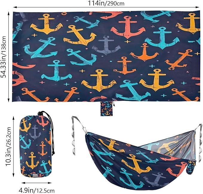 Qilmy Colorful Anchors Camping Hammock Single – 330 lbs Capacity, Lightweight with Tree Straps & Carabiners, Portable for Hiking, Travel, Backpacking