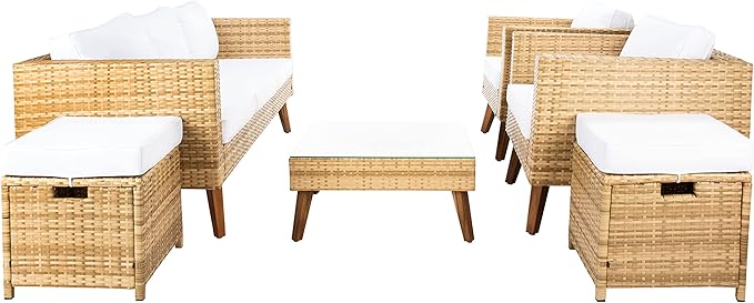 SAFAVIEH Outdoor Collection Presla Natural/White 6-Piece Patio Living Set PAT7715D-3BX