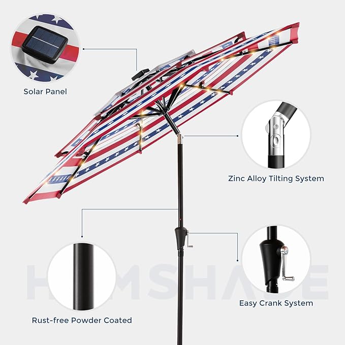 HOMSHADE 9FT 3-Tier Solar Patio Umbrella Heavy Duty, Vented Market Table Umbrella Windproof w/32 LED Lights, UPF50+, 5-Year Fade Resistant, for Pool, Lawn, Garden, Deck (No Base)