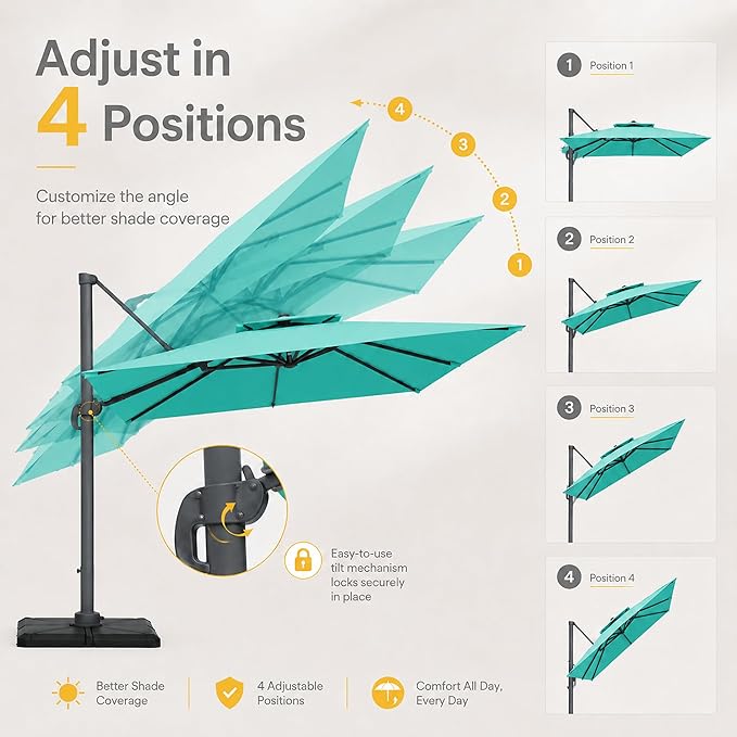 10FT Cantilever Patio Umbrella with Solar Lights, Large Outdoor 2 Tier Aluminum Offset Square Umbrellas 360 Degree Rotation for Garden Deck Pool
