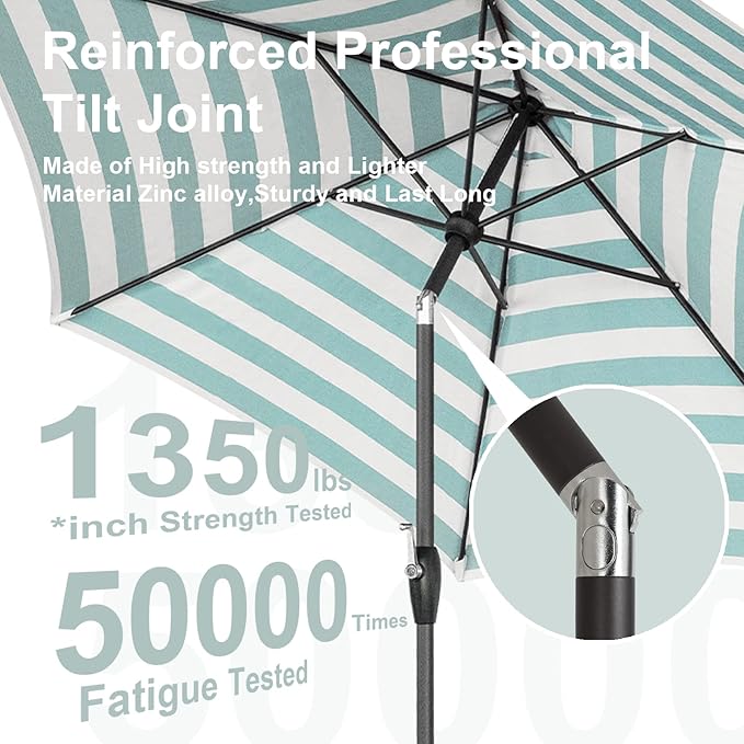 Tempera Striped Patio Umbrellas Outdoor Table Market Umbrellas with Crank & Pust Button Tilt|Auto-Tilt, 8 Steel Ribs, High Color-Fastness Canopy