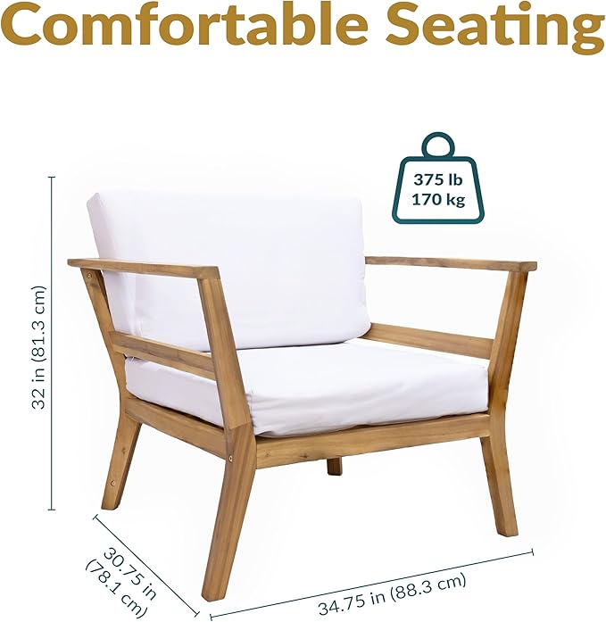 Sunnydaze 3-Piece Outdoor Patio Furniture Set - Bodie Acacia Wood Patio Conversation Set - Outdoor Seating with Cushions - Bone White