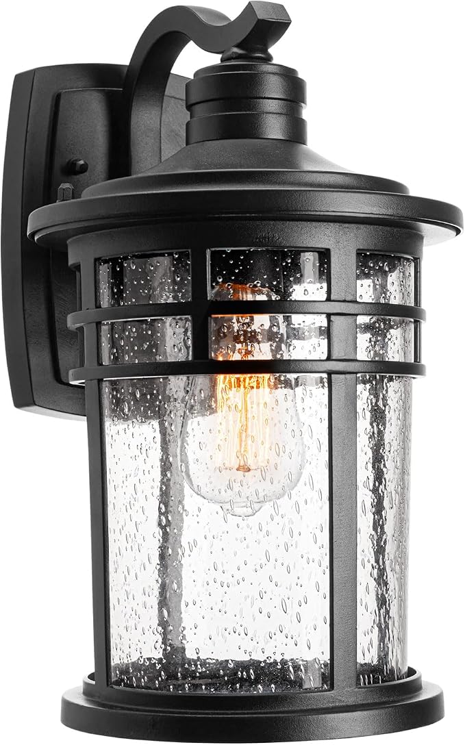Darkaway Large Outdoor Porch Lights Wall Mount, 15inch Outdoor Light Fixtures Sconces Wall Lighting with Seeded Glass Exterior Lights for Patio Yard House Hallway Doorway Garage(Large, Black)