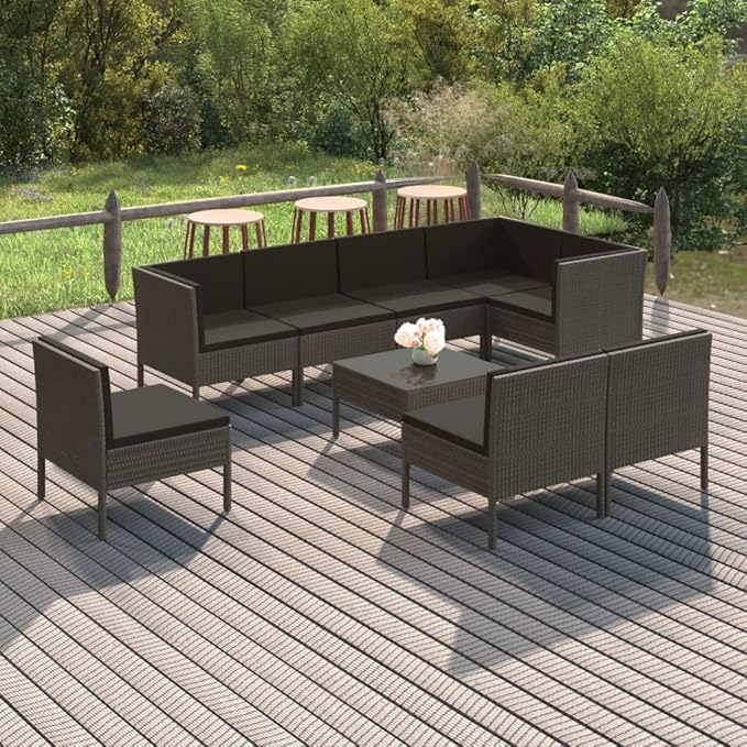 9 Piece Patio Lounge Set with Cushions,Patio Sofa,Outdoor Daybed,Outdoor Furniture Sets,Patio Seating,Patio Conversation Sets,Modern Set,Patio Furniture Set,Front Porch Furniture, Poly Rattan Gray