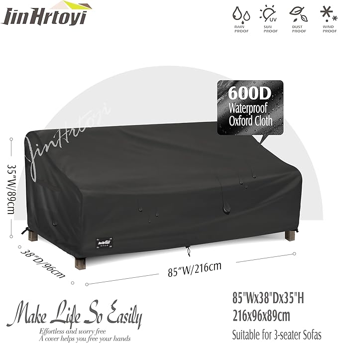 3-Seater Outdoor Couch Cover, 85Wx38Dx35H inches Outdoor Furniture Covers Waterproof,100% Waterproof Heavy Duty Patio Furniture Covers,Black Minimalism Style Outdoor Sofa Cover