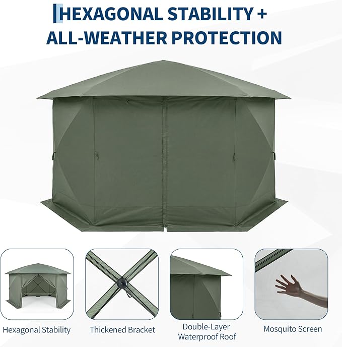 GarveeHome 13x13FT Pop Up Gazebo Screen Tent, 6-Sided Canopy with Detachable Eaves & Starry Sky Top, 210D Oxford Water-Proof Instant Shelter with Mosquito Netting for Backyard Camping, Green & Gray
