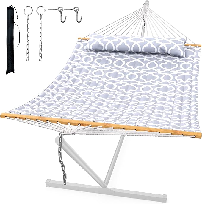 Double Quilted Outdoor Hammock for 2 Adults, 500lb Capacity Backyard & Camping Hammock with Pillow and Bamboo Spreader Bar, Fits 11–15ft Hammock Stands (Stand Not Included),Light Gray