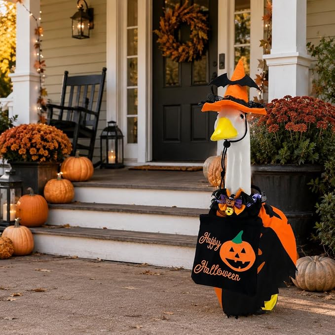 Halloween Porch Goose Outfits for 23'' Lawn Geese Statue Goose Costume with Witch Hat Pumpkin Outfits Bow Candy Treat Bag, Outdoor Garden Goose Decor for Patio Yard Lawn Art Halloween Ornament