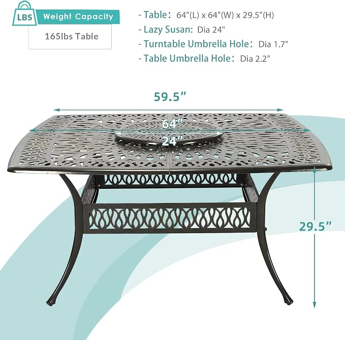 MEETWARM Outdoor 64" Square Patio Dining Table with Detachable Lazy Susan, All Weather Cast Aluminum Large Patio Furniture Table Set for 8 Seat with 24" Rotating Tray, Umbrella Hole, Dark Bronze