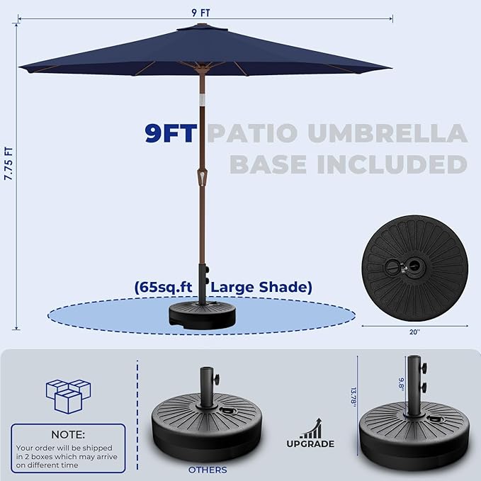 BRIOPAWS 9FT Patio Umbrella with Base Included | Outdoor Table Umbrellas | Push Button Tilt & Crank | 8 Sturdy Fiberglass Ribs | Waterproof | Heavy Duty for Garden Lawn DeckBackyard & Pool