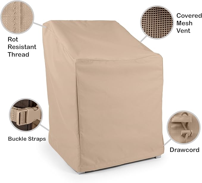 Covermates Ultima Outdoor Chair Cover – All-Weather Water & Rip-Resistant Patio Furniture Protection Heavy-Duty 600D Polyester, Mesh Vents, Buckle Straps & Drawcord, 46W x 32D x 42H, Ripstop Tan