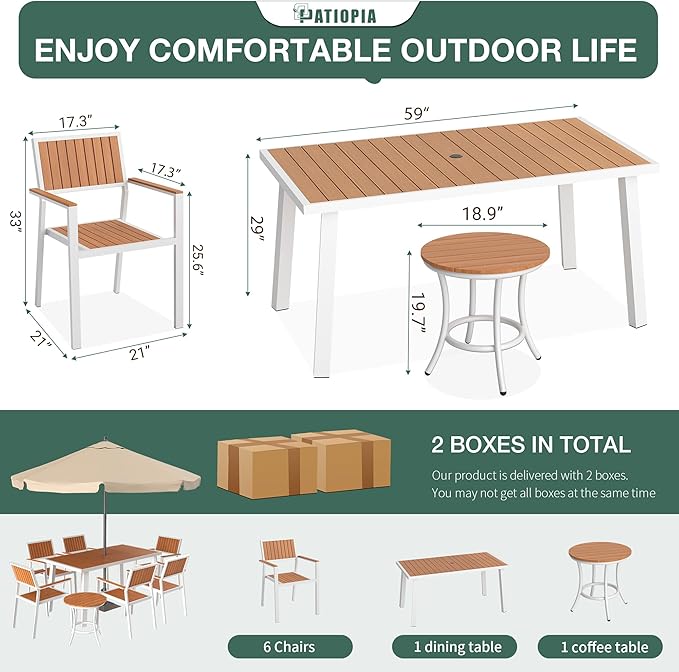 8-Piece Patio Dining Set, Outdoor Weather-Resistant Plastic-Wood Table & 6 Stackable Chairs, Outdoor Durable Aluminum Frame Furniture for Garden, Poolside, Backyard, White