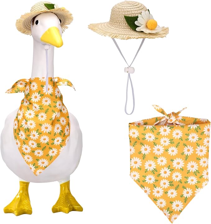 Lyreh Summer Porch Goose Outfits Set, Includes Straw Hat & Scarf Lawn Goose Costume for 17'' 23'' Geese Statue Outdoor Garden Yard Courtyard Patio Terrace Decoration
