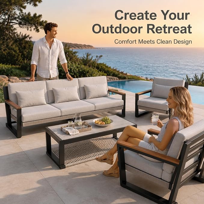 Aluminum Patio Furniture Set 5 Seats, Oversized Outdoor Sectional with Washable Thick Cushions, Coffee Table and Waterproof Cover, Patio Conversation Sets for Porch, Balcony, Deck Grey