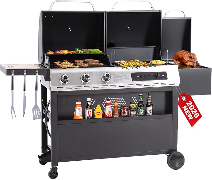 3-Burner Gas and Charcoal Grill Combo with Offset Smoker, 30,000 BTU Dual Fuel Grill, 839 Sq. In. Cooking Area BBQ Grill, Ideal for Outdoor Cooking Patio Backyard Balcony