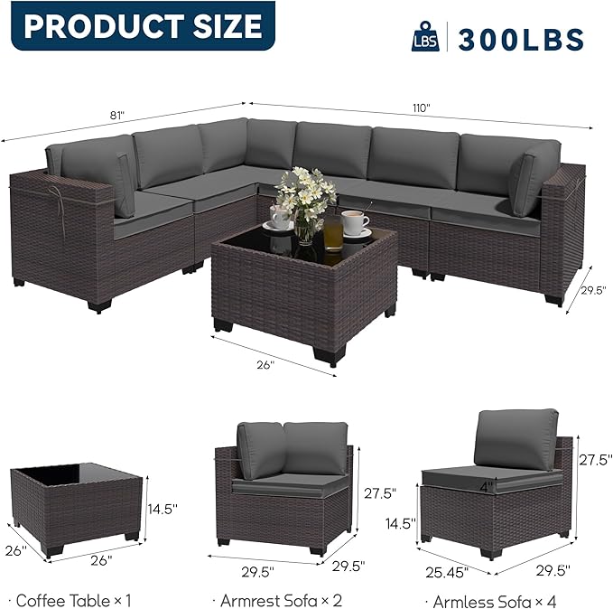 Patio Furniture Set 7 Pieces Outdoor Sectional Sofa Set,All Weather Wicker Patio Sofa PE Rattan Patio Conversation Set w/Cushions and Glass Coffee Table,Grey