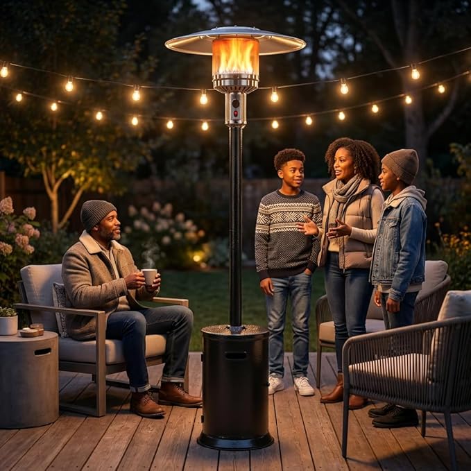 Outdoor Patio Heater, Propane Gas Standing Heater with Reflector Canopy, Black Hammered Finish