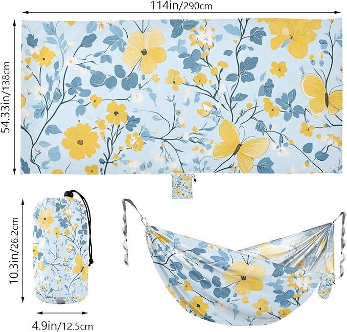Multi-Small Flowers Butterflies Yellow and Light Blue 330lb Capacity Camping Hammocks with Hanging Rope Swing Hammock for Indoor Outdoor Patio accesorios para Camping