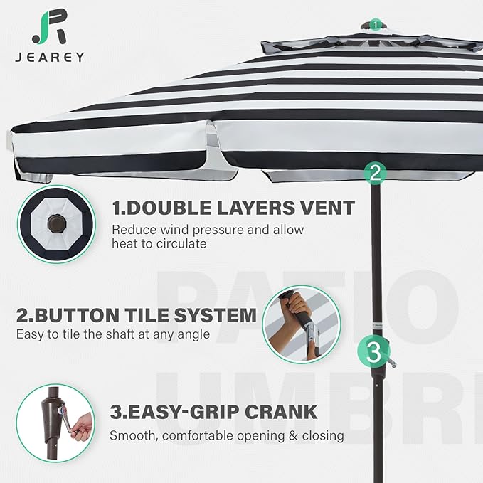 JEAREY 9' 2-Tiers Patio Umbrellas Outdoor Market Table Umbrella w/Push Button Tilt/Crank, 8 Sturdy Ribs, UV Protection Waterproof Sunproof(Black Stripe)
