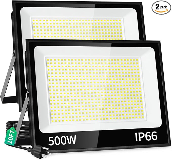 ISUERFY 500W LED Flood Light Outdoor with Plug+10ft Cable, 60000LM Ultra Brighter 5000K Exterior Security Light, IP66 Waterproof Commercial Lighting for Sports Fields Counts Arena Stadium(2 Pack)