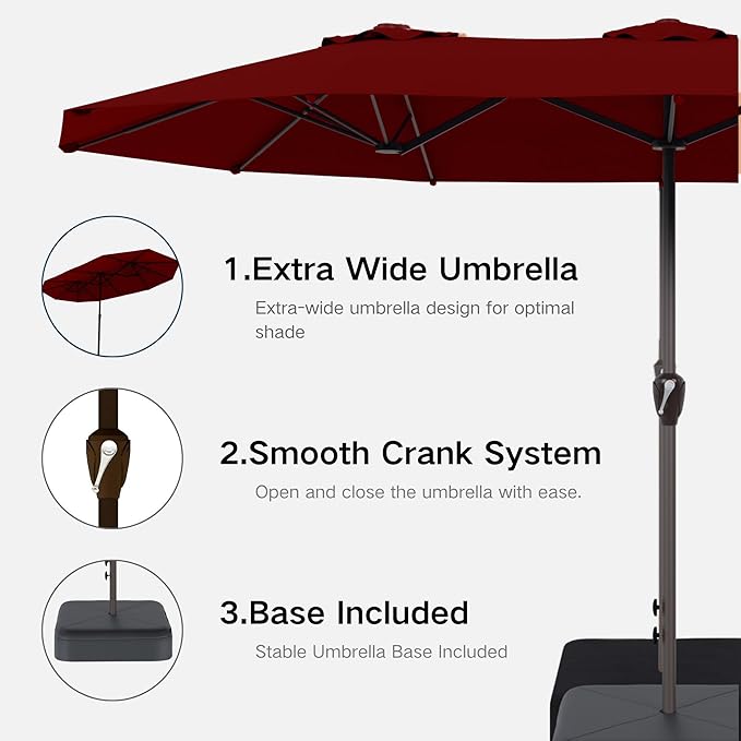 Kingdura 15ft Large Patio Umbrella with Base Included, Double-Sided Rectangle Outdoor Table Umbrella with 12 Reinforced Ribs, Crank Lift for Market Pool Deck Backyard, Dark red