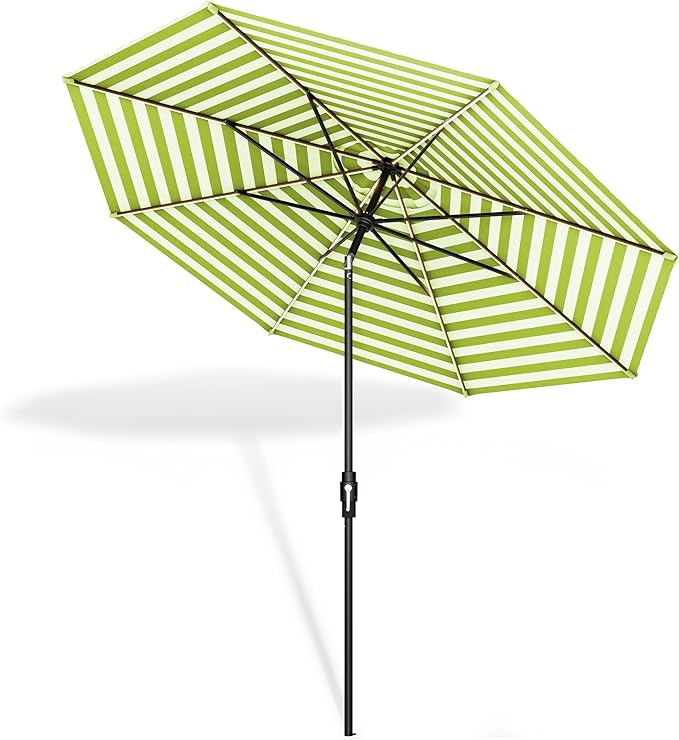 Midtown Umbrellas The LED Swilt 10 Feet Patio Umbrella With Terylast Pear Stripes (Green/White) Polyester Fabric - Auto-Tilt Aluminum Frame w/LED Lights For Backyard, Deck, Garden, Pool - Black Pole