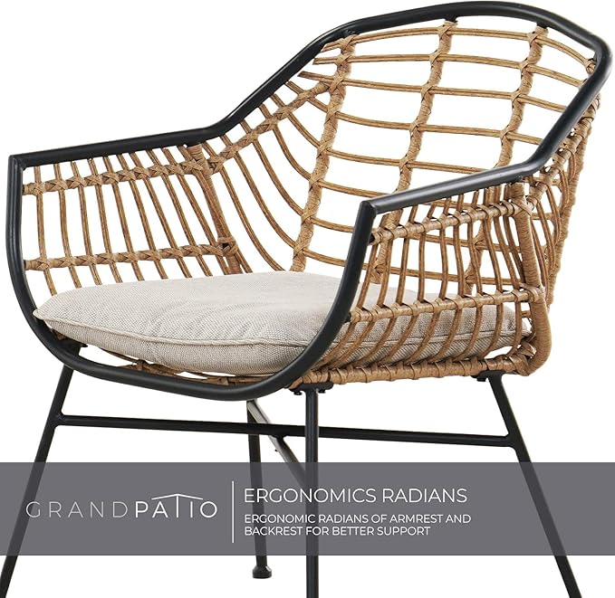Grand patio Patio Furniture Set, Outdoor Wicker Patio Conversation Seating Chair with Cushions and Coffee Table, Boho Seating Chat Set for Indoor Outdoor, Balcony, Porch, Garden, Deck