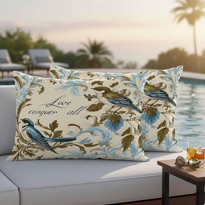 Vintage Bird Flower Outdoor Waterproof Throw Pillow Covers Set of 2, 20"x12", Watercolor Green Blue Floral Decorative Pillow Covers Outside Cushion Case for Patio Porch Garden