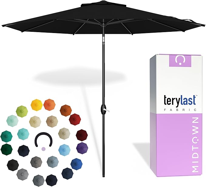 Midtown Umbrellas - 10-Year-No-Fade 8 Ft Patio Umbrella with Terylast Fabric, Auto-Tilt Aluminum Frame and 8 Reinforced Ribs for Deck, Pool, Garden & Beach - Ebony Black Canopy, Black Pole