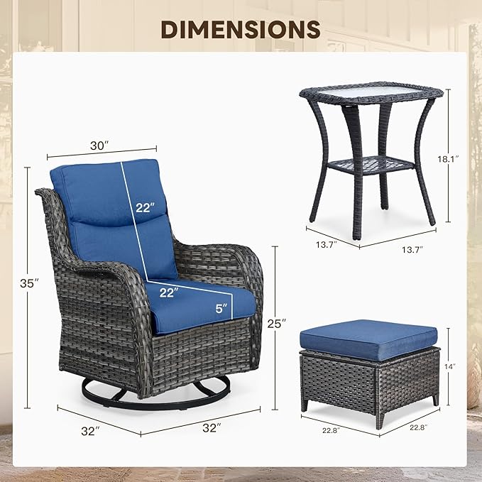 Patio Conversation Set with Smile-Shaped Cushions, Luxury Outdoor Swivel Chairs with Side Table and Ottomans, 5PCS PE Rattan Swivel Glider Chairs Set, Brown Wicker|Blue Cushions