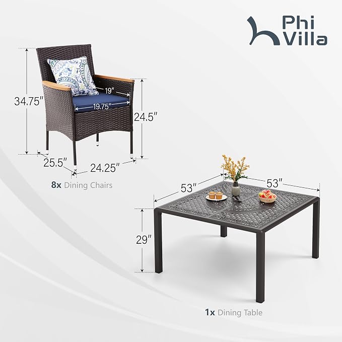 PHI VILLA 9 Pieces Cast Aluminum Outdoor Dining Set for 8, Square Metal Table with Umbrella Hole & Cushioned Rattan Wicker Chairs, Dining Furniture Set for Patio, Deck, Yard and Porch