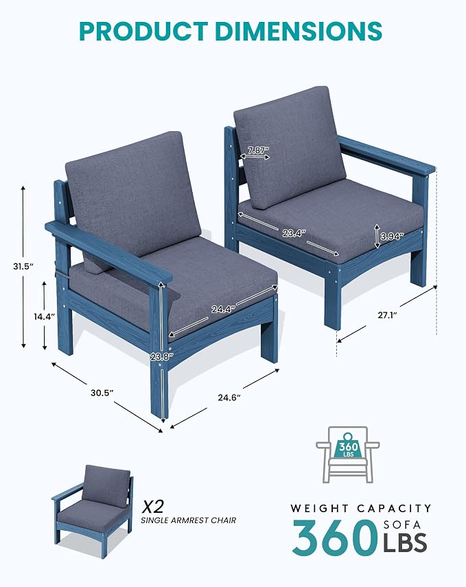 SERWALL HDPE Patio Loveseat Sofa, 2 Pieces Single Sofa, Weather-Resistant Outdoor Furniture Chair with Thick Removable Cushion, Balcony, Garden, Backyard, Poolside, Blue Frame with Grey Cushion