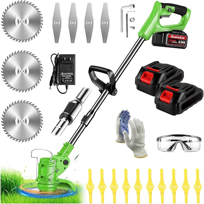 21V Electric Weed Wacker Cordless String Trimmer Battery Powered Grass Trimmer with 90° Adjustable Head 2 X 2.0Ah Battery and Charger Lightweight Brush Cutter Edger Lawn for Garden Yard,Green