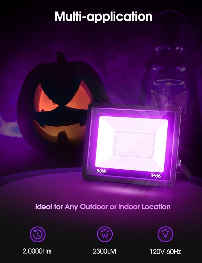L LOHAS LED Orange and Purple Christmas Halloween Flood Light Outdoor, 2 Pack 𝑨𝒖𝒕𝒐 𝑶𝑵/𝑶𝑭𝑭 50W Plug in Flood Light, IP66 Waterproof, 2300lm Outdoor Flood Lights for Yard, Party, UL Listed