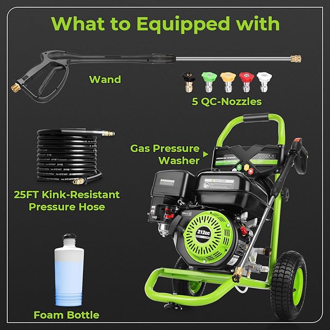 4200PSI Pressure Washer 4.0GPM Gas Power Washer 212CC Gas Powered Washing Machine Commercial High Pressure Washer with 25ft Hose&5 Nozzles for Patio Garden Yard Vehicle,EPA/CARB/ETL (Green)