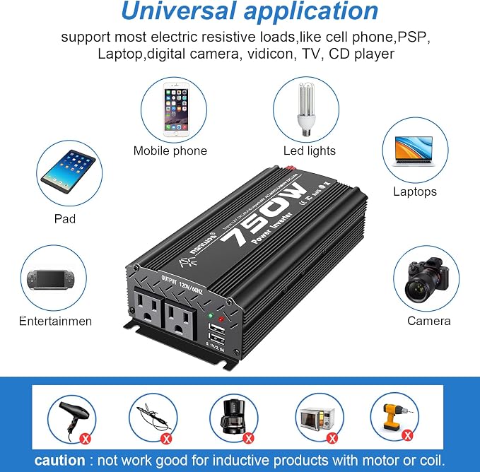 12V Inverter 750W Inverter 12V to 110V or Cars Trucks semi Trucks Various Vehicles with 2 AC Power outlets 2USB Ports