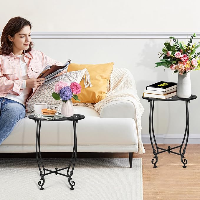 2 Pack Small Outdoor Side Tables for Patio, 14 Inch Metal Patio Side Table, Weather Resistant Steel Outdoor Round End Table for Patio Porch Garden Yard Balcony, Black (Flower)