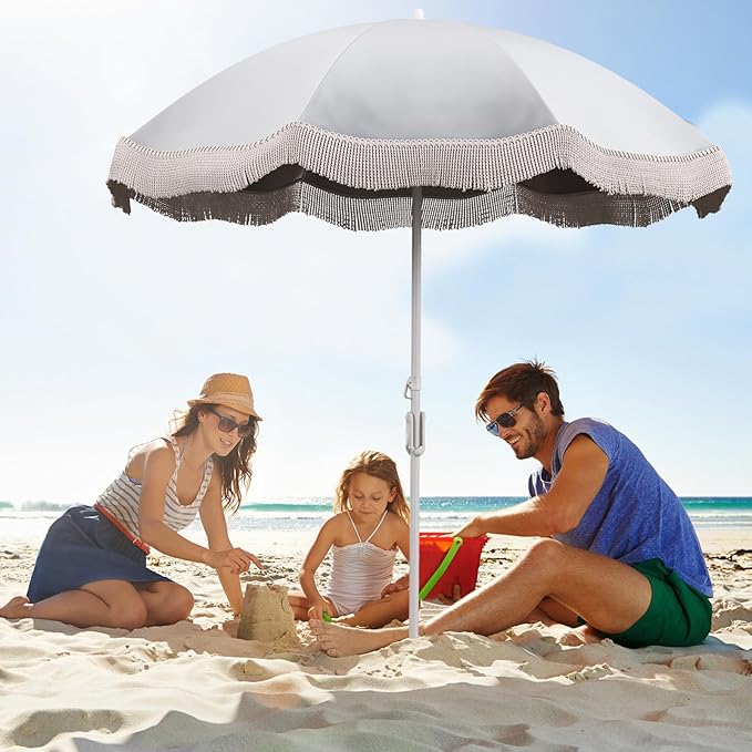 Tangkula 6.5FT Beach Umbrella with Fringe, UPF50+ Outdoor Boho Umbrella with Tassels, Push Button Tilt, Sand Anchor, 8 Ribs, Vintage Patio Umbrella with Carry Bag for Sand Deck Pool Garden Backyard